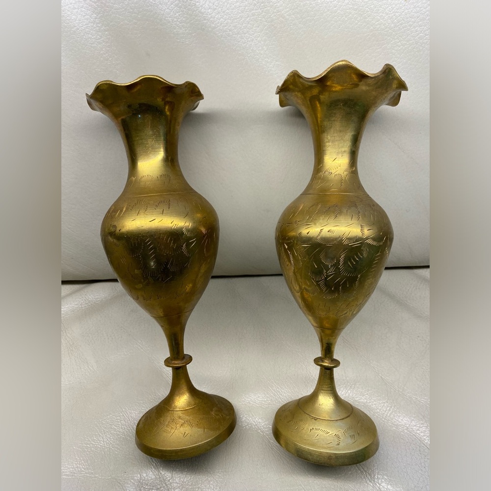 2 BRASS FLUTED ETCHED CANDLE HOLDER BUD VASE ENGRAVED MADE IN INDIA 10”